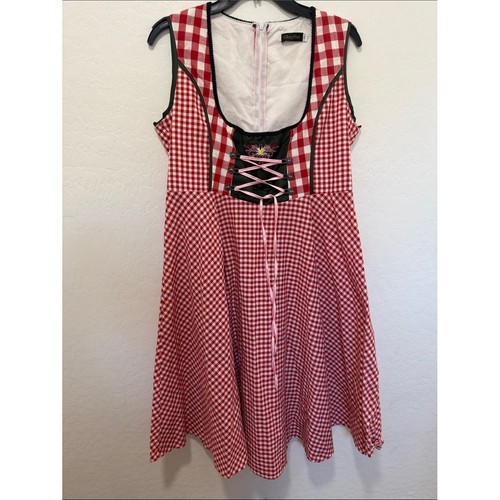 Red White Gingham Dirndl Dress Lace-Up Bodice XL Oktoberfest plaid waitress vtg