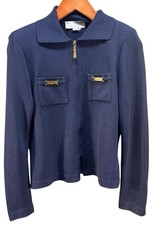 St John Collection Knit Blazer Women S Blue Zip Front Gold Medallion Buttons