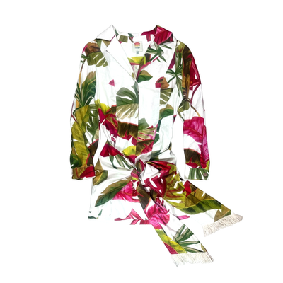 Farm Rio Spring Forest Mini Dress Tropical Print Linen Fringe Hem Tie Waist  L | eBay