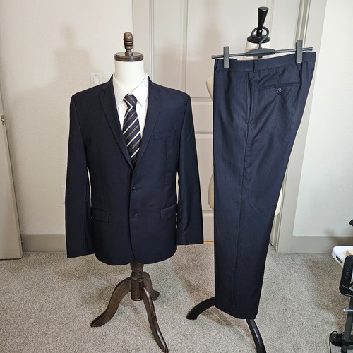 Calvin Klein 42L 2tlg 100% Wolle Anzug Blazer Herren Hose 32x31 Navy Gestreift - Bild 1 von 24
