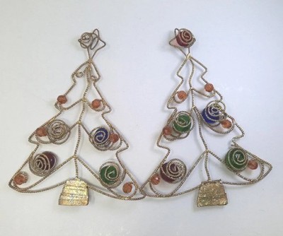Christmas Tree Shape Ornament Lot Of 2 Metal Wire Beaded Swirls Vtg 6''