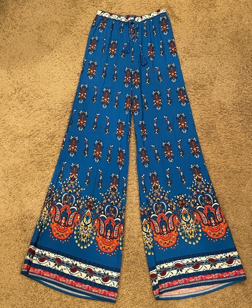 Flying Tomato Womens Blue multicolored multiprint pull on palazzo pants SZ Small