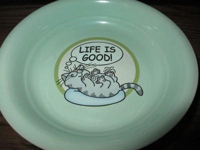 ''LIFE IS GOOD'' Pawsome Cat Dreaming on a Pillow Ceramic Pet Bowl