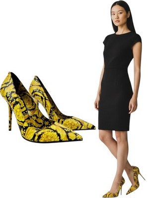 Versace Borocco Medusa Pointed Toe Heels Black And Gold Womens Size 39.5