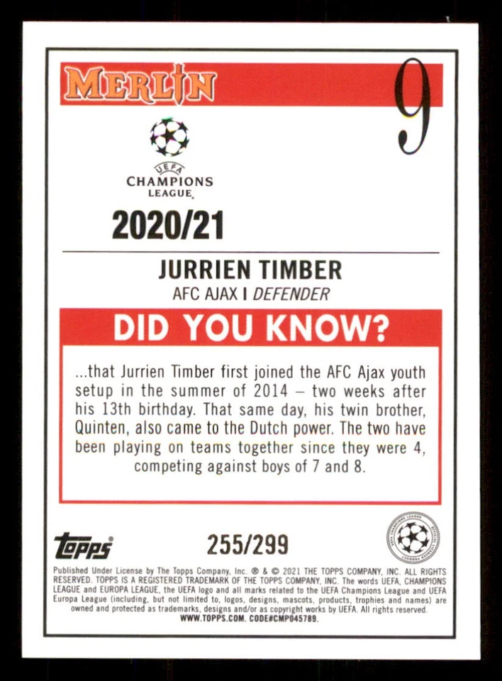 2020-21 Merlin UEFA Champions League Purple Refractors #9 Jurrien Timber /299 - Image 2 of 2