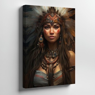 Native American Warrior Woman Canvas Art Tribal Feather Headdress Wall Home
