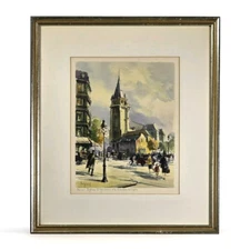 Paris Street Scene Aquatint Etching Saint Germain des Prés France Mid Century