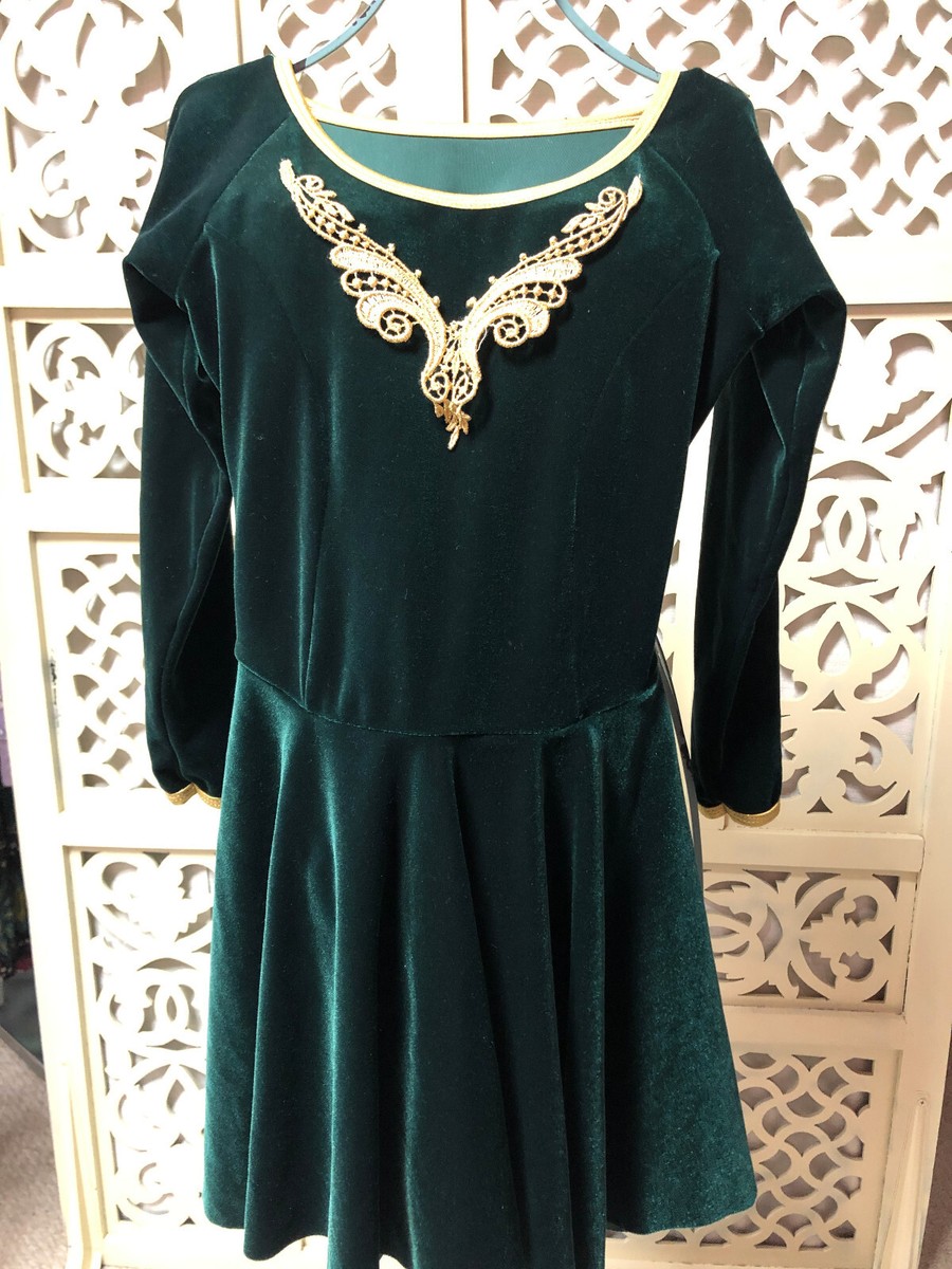 Emerald Green Velour and Gold trimmed dance leotard dress kids size 6-8