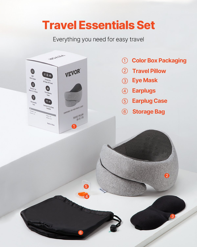 360° Rotatable Memory Foam Travel Pillow with Neck Support