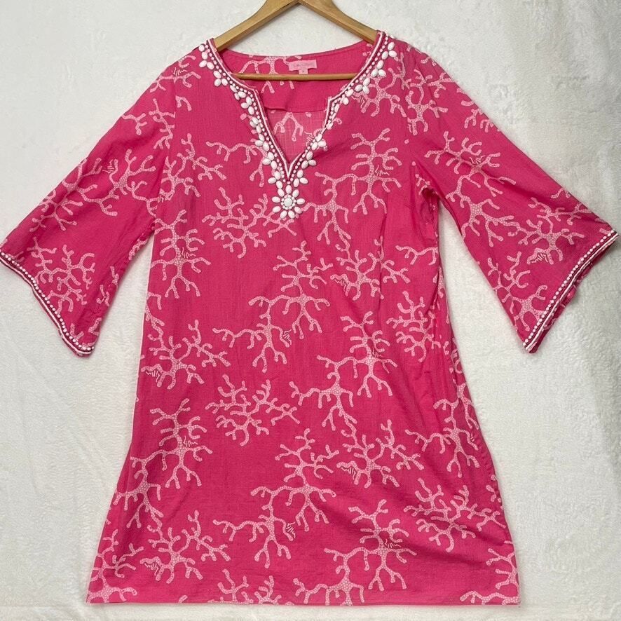 Lilly Pulitzer Pink White Coral Reef Beaded Cotton Shift Dress Size Medium *READ