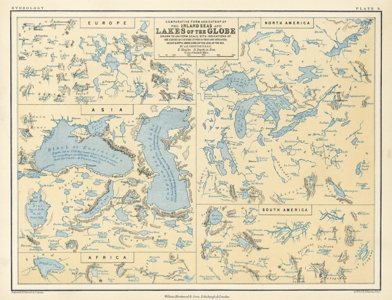 1852 Comparative Form & Extent Inland Seas & Lakes of the Globe 11x14 Art Print