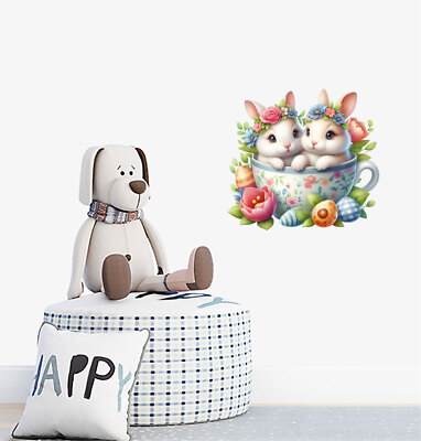 Osterhase Hase in Tasse Blumenei Wandbild Laptop Vinyl Aufkleber Abziehbilder a9965