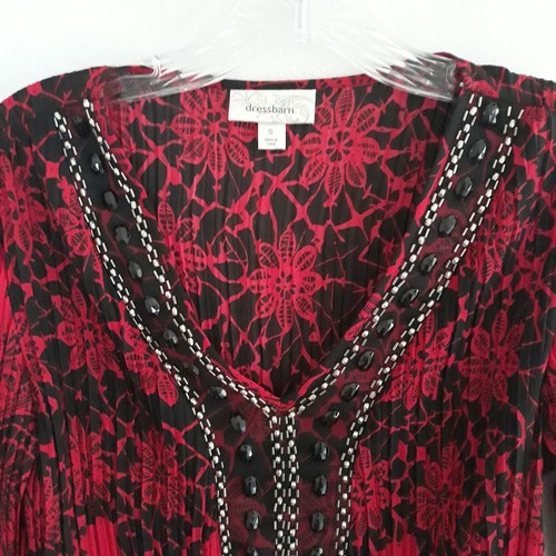 Dressbarn Blouse Women Small Red Black Embellished Beads Floral Pleated Bell - Picture 3 of 13