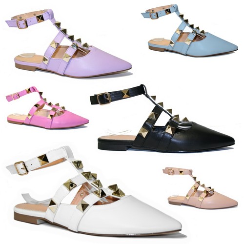 Scarpe Donna Ballerine Borchie Borchiate Mocassini Cinturino Punta Sabot  D72 | eBay
