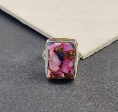 Pink Spiny Oyster Copper Turquoise Gemstone 925 Sterling Silver Ring Jewelry