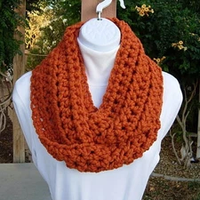Solid Bright Burnt Orange INFINITY SCARF Loop Cowl Handmade Thick Crochet Knit