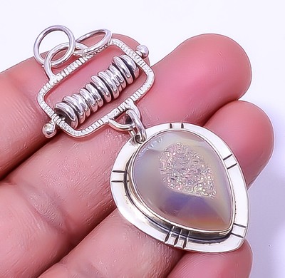 Titanium Opalite Agate Drusy 925 Sterling Silver Designer Pendant 2.15'' A394