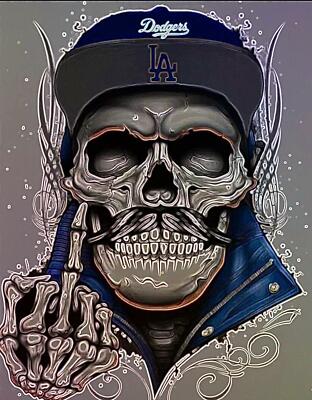 2 Los Angeles Dodgers Middle Finger Skull Waterproof Vinyl Stickers 5x3.8 Decals