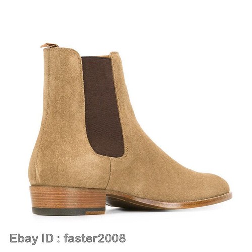 Pull on Mens Pointed Toe Chelsea Ankle Boots Block Heel Real Suede Leather Shoes - 第 7/27 張圖片