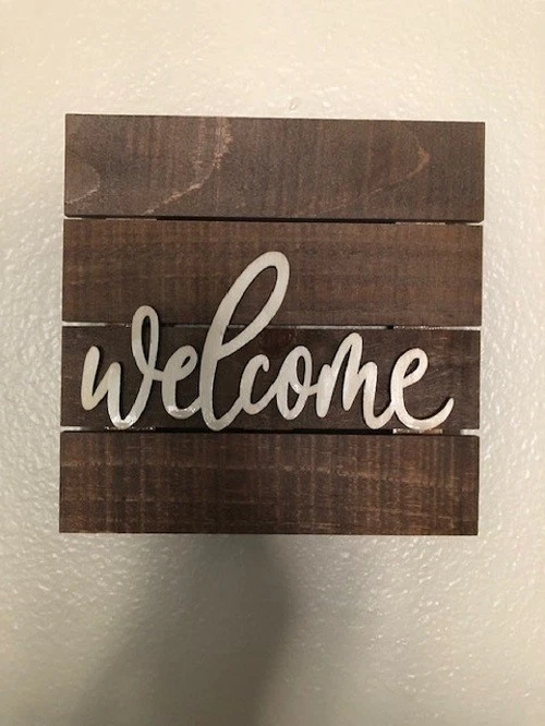 8" x 8" Primitive rustic welcome sign hang on wall/door or stand with easel  USA - Image 2 of 2