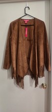 NWT Catherine Malandrino Faux Suede Fringe Draped Open Front Jacket Cognac...