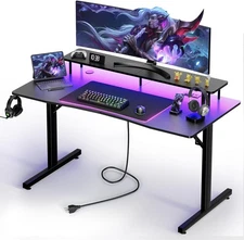 Gaming Desk with LED Lights, 55 Inch Large Computer Gamer Desk with Monitor 