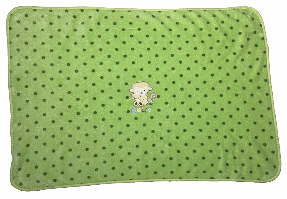 Child Of Mine Green Monkey Cutie Polka Dot Fleece Baby Blanket Soft Carter's - Image 2 of 3