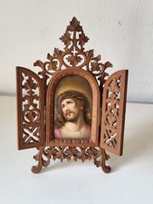 Hausaltar Antik Holz Porzellanmalerei Christus mit Dornenkrone nach Guido Reni 