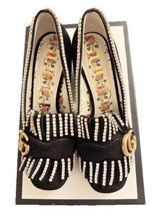 Authentique Gucci talons blocs ornés de cristal de Marmont daim noir taille 35,5