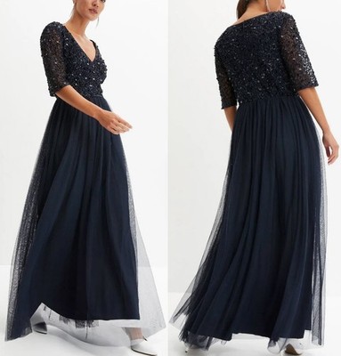 NEU: LANGES TÜLL ABENDKLEID PAILLETTEN BESTICKT GR.36 44 52 dunkelblau *57568832
