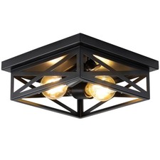 Black Rustic Metal Flush Mount Ceiling Light Fixture, 2-Light Industrial Farm...
