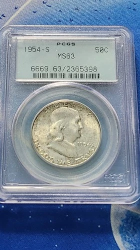 1954-S Franklin Half Dollar Coin PCGS MS63 Early Blue Label & The Green Back !!