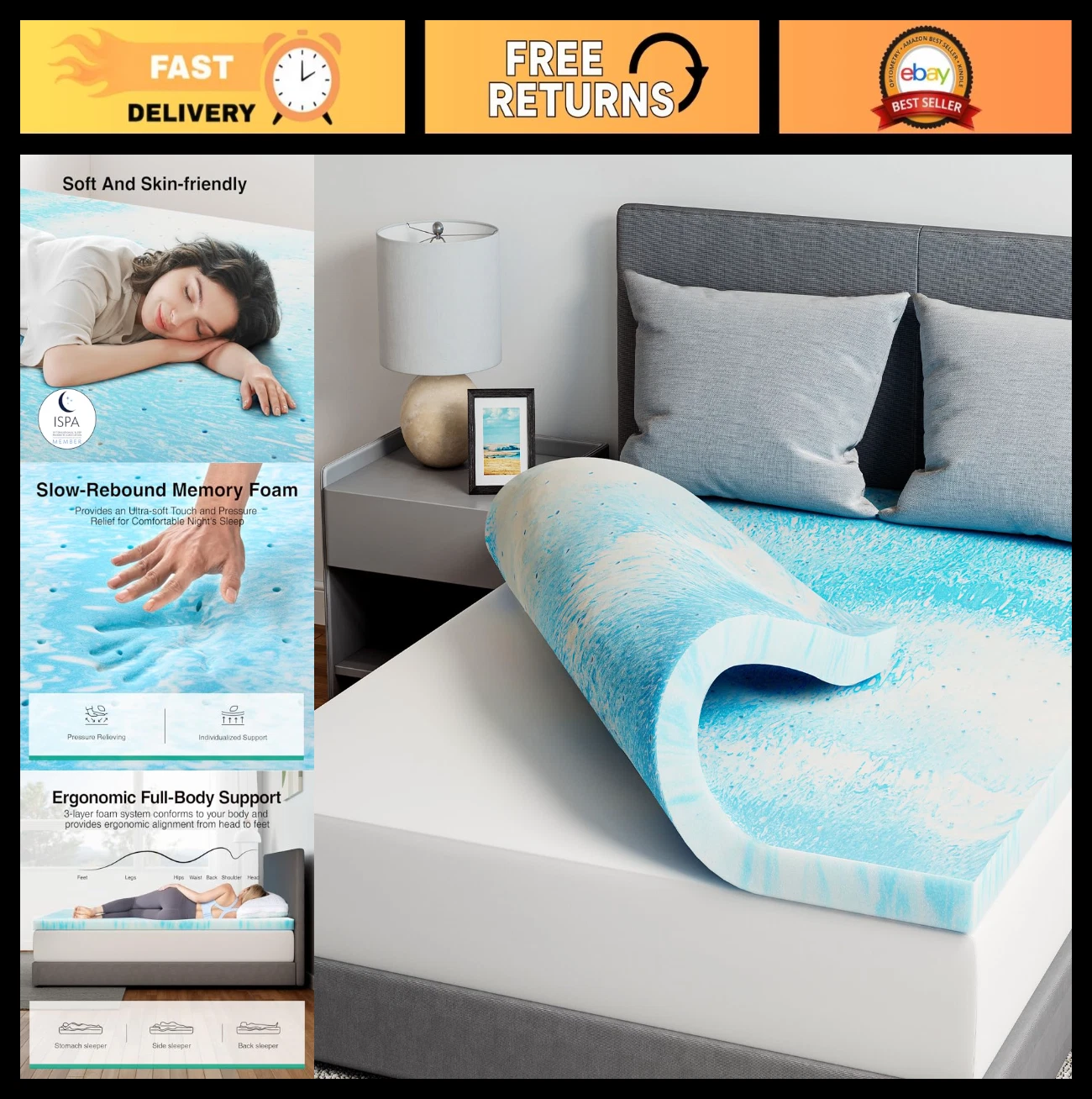 3" Memory Foam Mattress Topper, Cooling Gel Infused, Ventilated Pressure Relief,