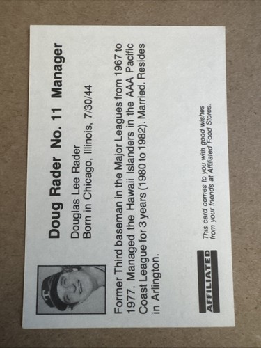 1983 Affiliated Food Stores Texas Rangers Doug Rader #11 AUTOGRAPHED Card - Picture 2 of 2