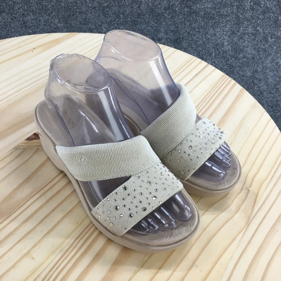 Sandalias Bzees para mujer 6M Dynasty brillantes sin cordones marrón dos correas punta abierta cuña Foto 3 de 4