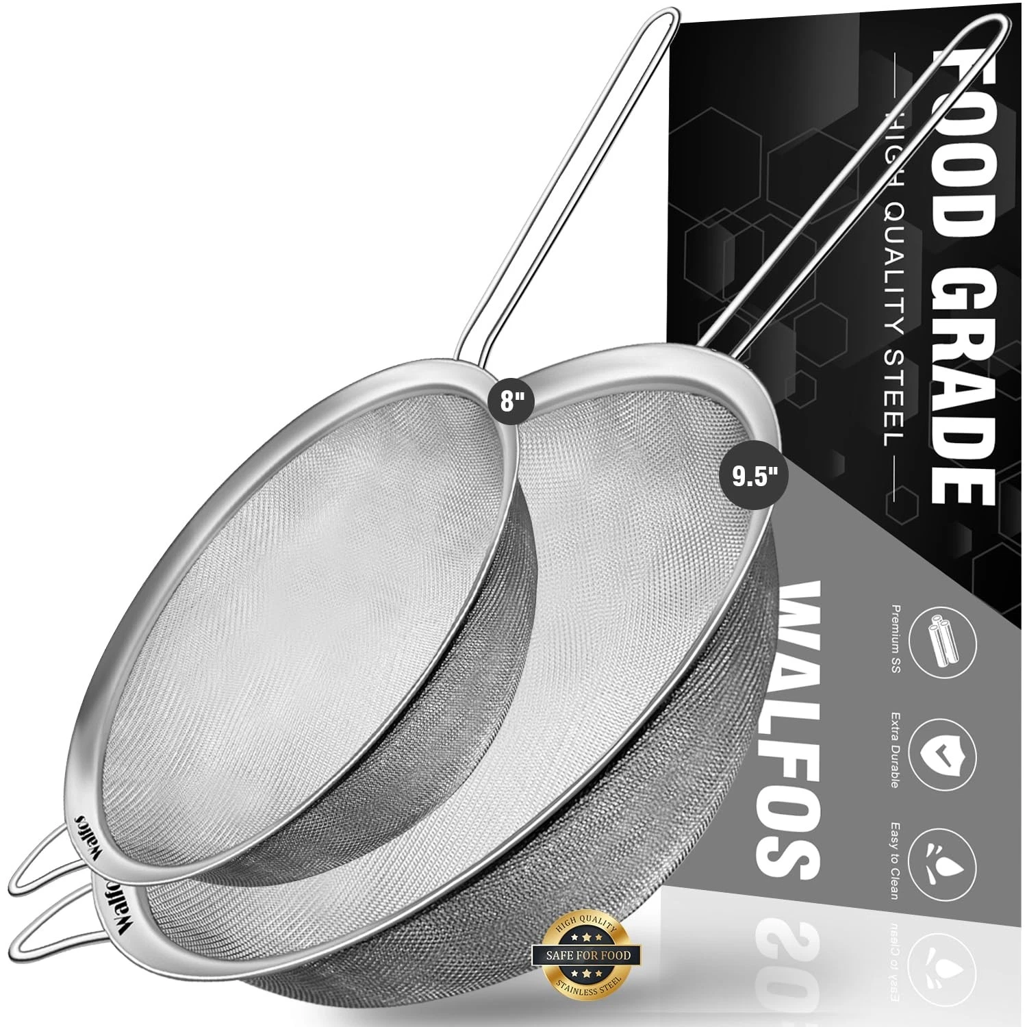 Large Fine Mesh Strainer 9.35" & 7.8", Stainless Steel Mesh Sieve with Sturdy...