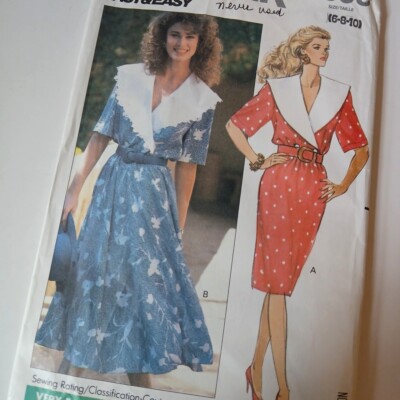 Butterick 3595 VTG 1989 Cape Collar Blouson Mock Wrap Dress Trad 6-10 Sew '80s