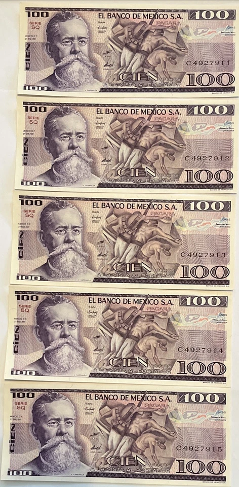 Billetes de 100 pesos México 1981 serie consecutiva sin circular 5 Foto 3 de 4