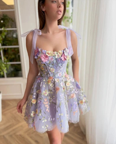 new Lavender Floral Lace Mini Prom Dresses Flower A-Line Party Evening Dress - Picture 4 of 11