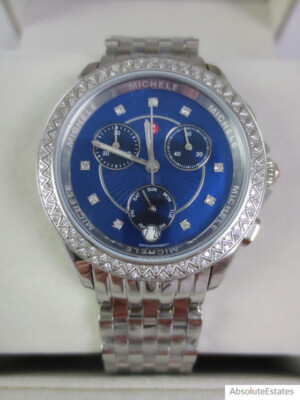 NEW Michele Belmore Chronograph Diamond Blue & Silver Watch