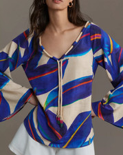 New Farm Rio x Anthropologie Botanical Sm Blue Purple V-Neck Flare Sleeve Top
