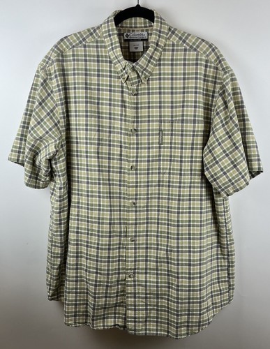Columbia Mens XXL Green Gray White Plaid Button Up Shirt Casual Soft Cotton