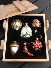 Mercury Glass Pretty Christmas Ornament 6 Set Doves, Acorn, Pinecone Wood Box 
