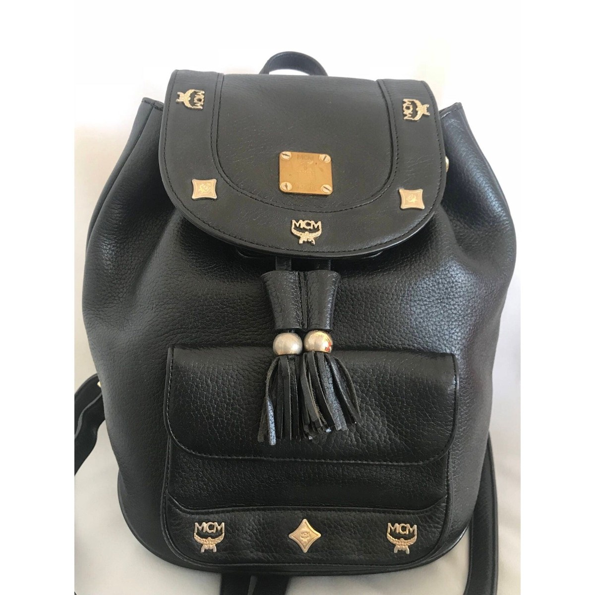 GUC MCM Black Logo Jacquard Drawstring Backpack with Gold Plaque MCM Black Jacquard Nylon Backpack with Gold Hardware main image 2