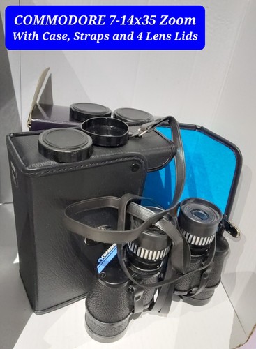 COMMODORE 7-14x35 Zoom Binoculars in Excellent Condition Case, Straps, Lids, Box
