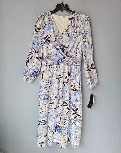 VETEMENTS Abito donna R&K manica lunga floreale finto avvolgente stampa floreale blu bianco taglia 6