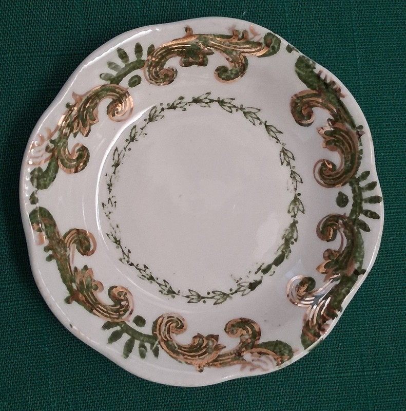 Vintage New Wharf Pottery Butter Pat Savoy Pattern 1878 - 1894 green gold