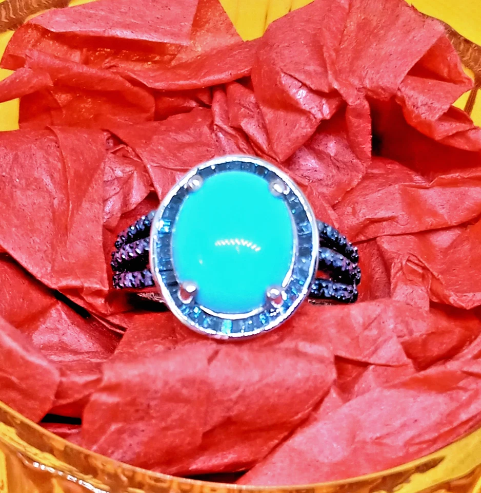 Arizona Bella Durmiente Azul Turquesa Diamante (IR) Rodio Platino Sobre Plata Foto 4 de 4