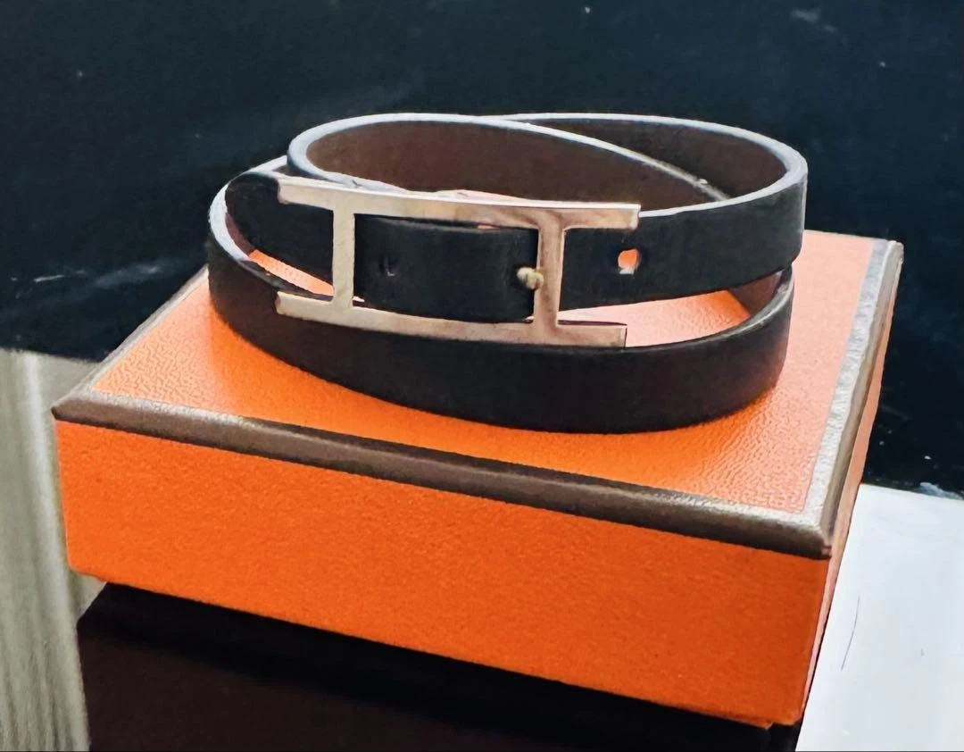 HERMÈS Bracciale Hermes B Api Dubletour Pelle Reversibile Nero Grigio Ottimo Us