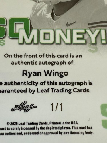 RYAN WINGO 2025 LEAF METAL SO MONEY GOLD SHIMMER AUTOGRAPH # 1/1 TEXAS LONGHORNS - Picture 3 of 3